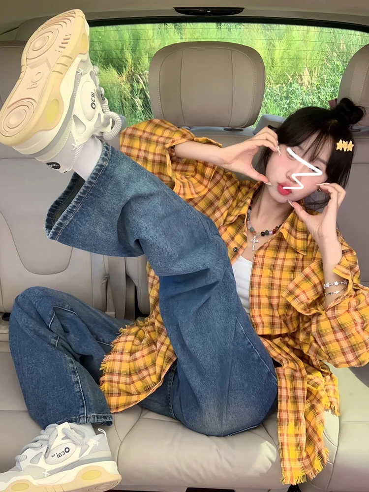 เสื้อเชิ้ตลายสก็อตสีเหลืองสำหรับฤดูใบไม้ร่วงต้น รุ่นใหม่สำหรับฤดูร้อน ผ้าบาง ป้องกันแสงแดด ทรงหลวม แขนยาว สไตล์หวานแบบญี่ปุ่น