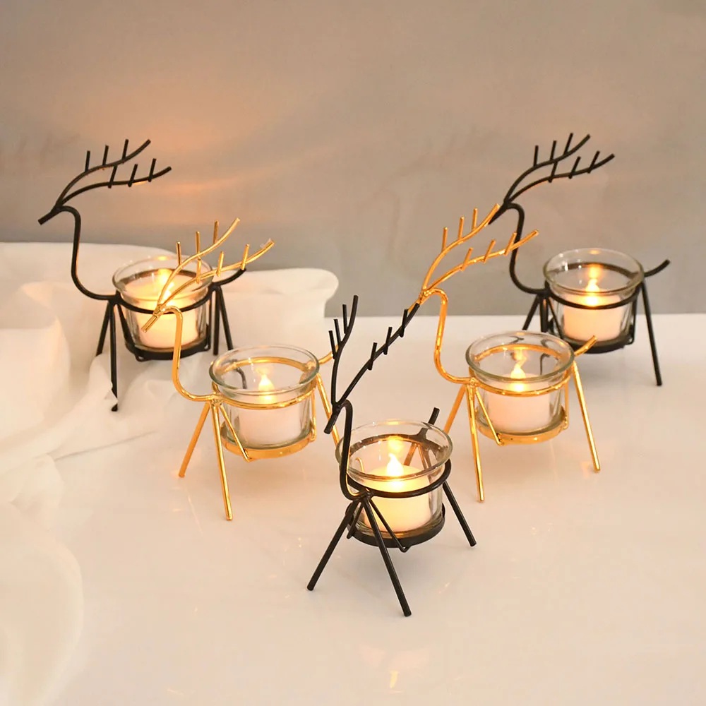 1pcs Deer Pattern Candle Holder Table Decorting Wrought Iron Candlestick Living Room Decoration Christmas Gifts Candle Rack Base