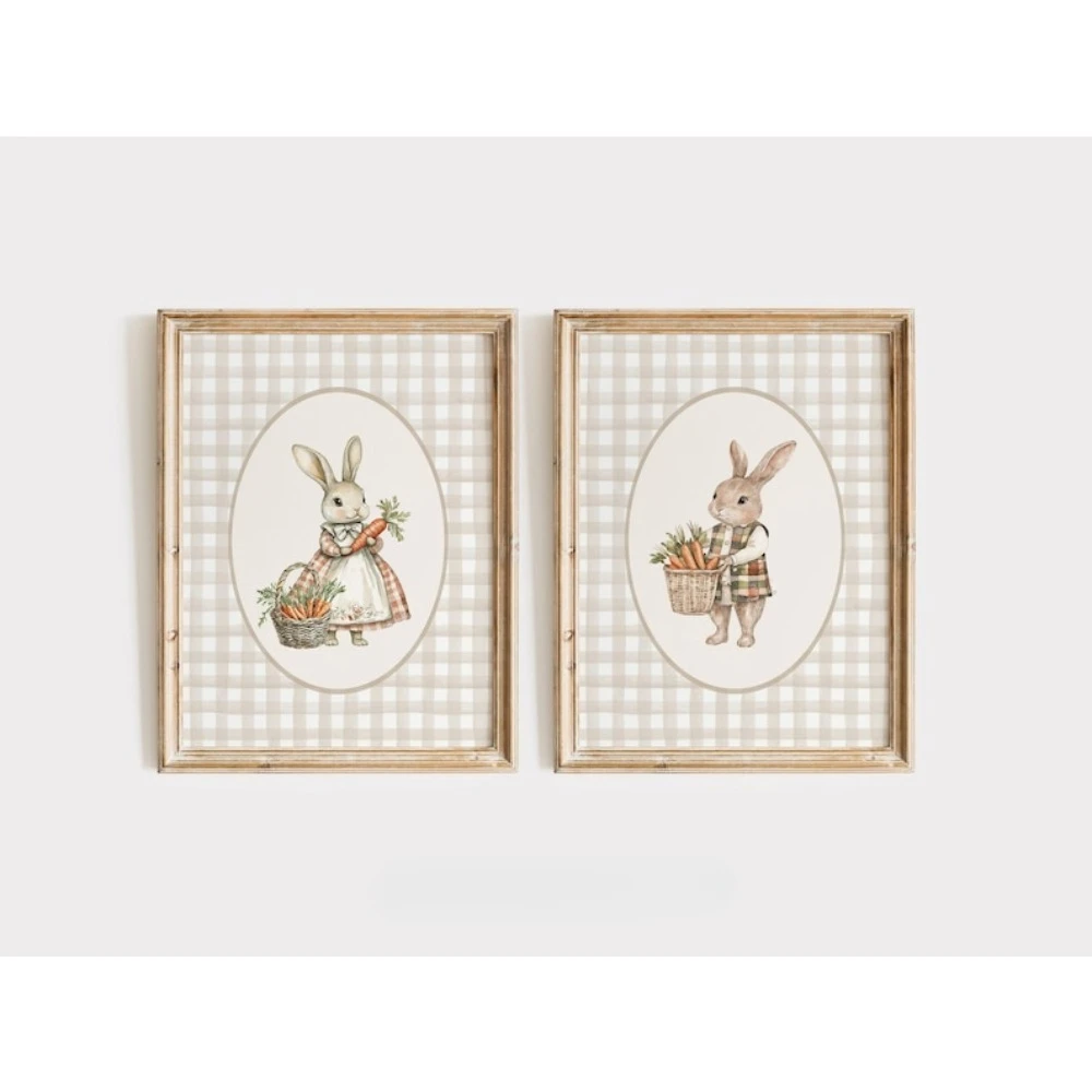 2pcs frameless Canvas Painting 2pcs Frameless Cute Rabbit Nursery Wall Art,Old-fashioned Farm Rabbit, Farmhouse Room Decoration,