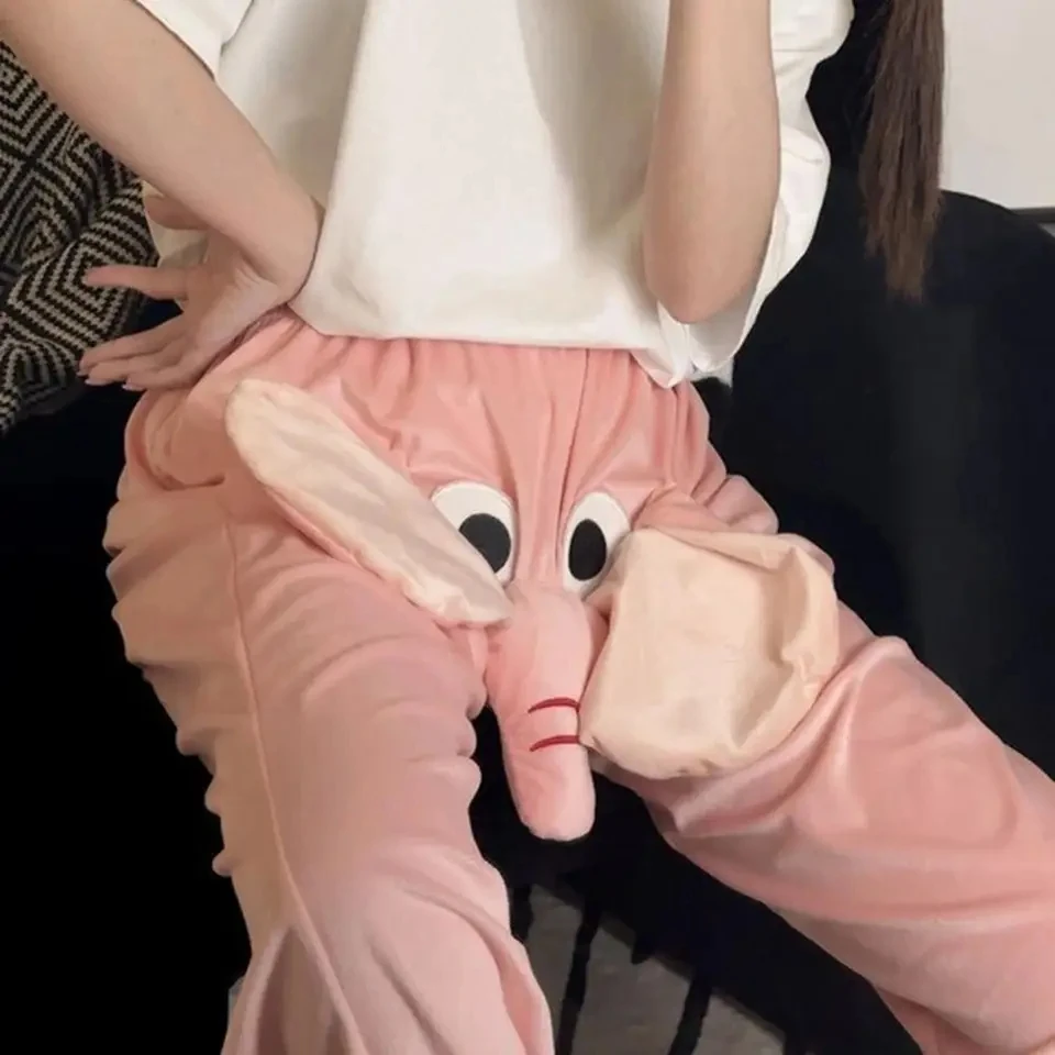 

Уютные пижамные штаны с мультяшным слоном для пар, утепленные плюшевые теплые брюки для сна и отдыха для мужчин и женщин