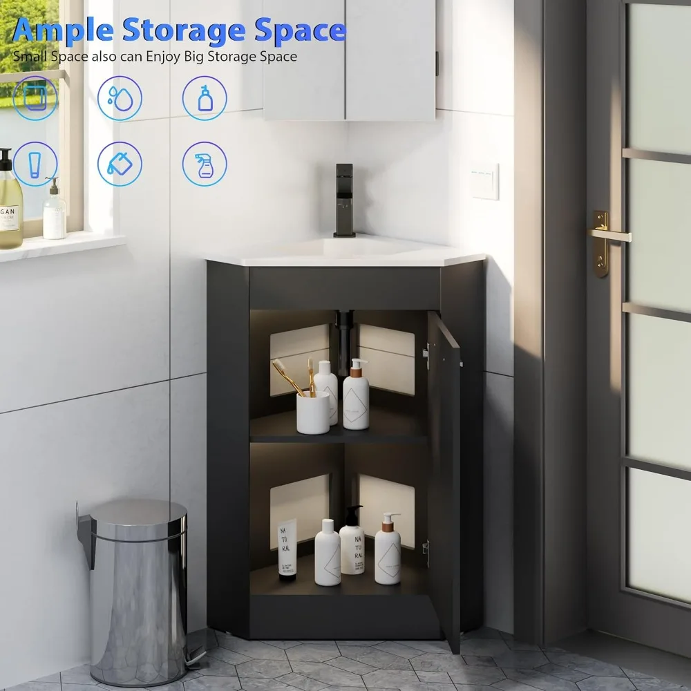 26-дюймовый угловой туалетный столик для компактных ванных комнат — белая раковина и матовый черный шкаф