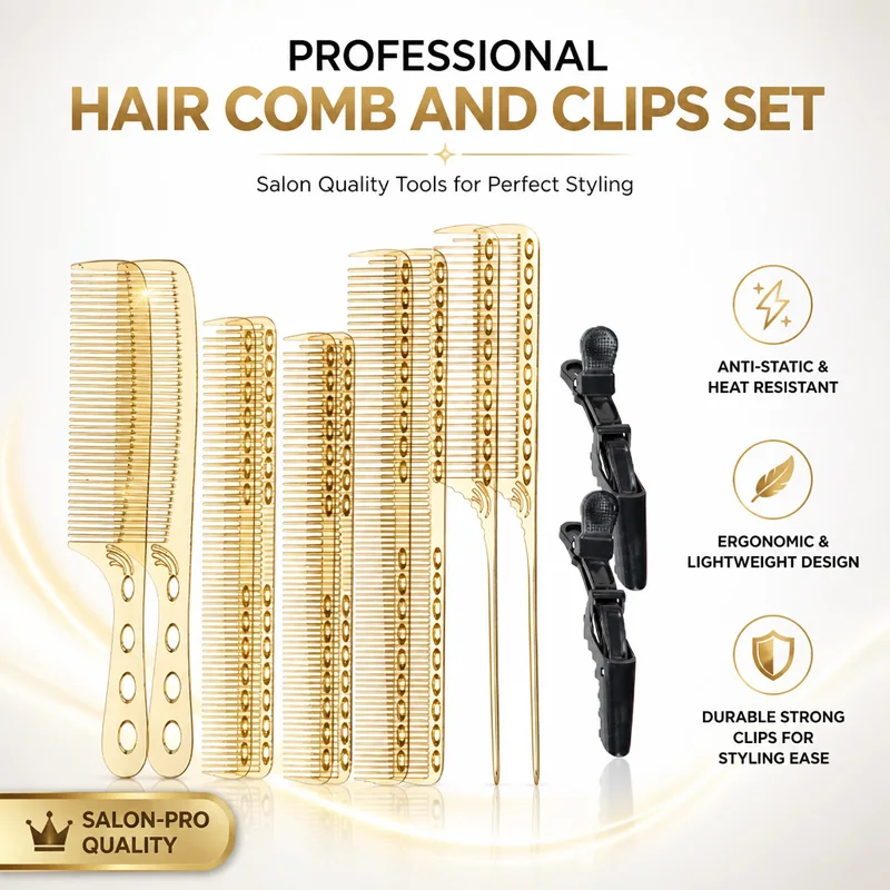Salon Pro Hair Styling Comb Kit Ergonomic Lightweight Anti-Static Hair Cutting Teasing Combs with Section Clips for Barbers Hairstylists