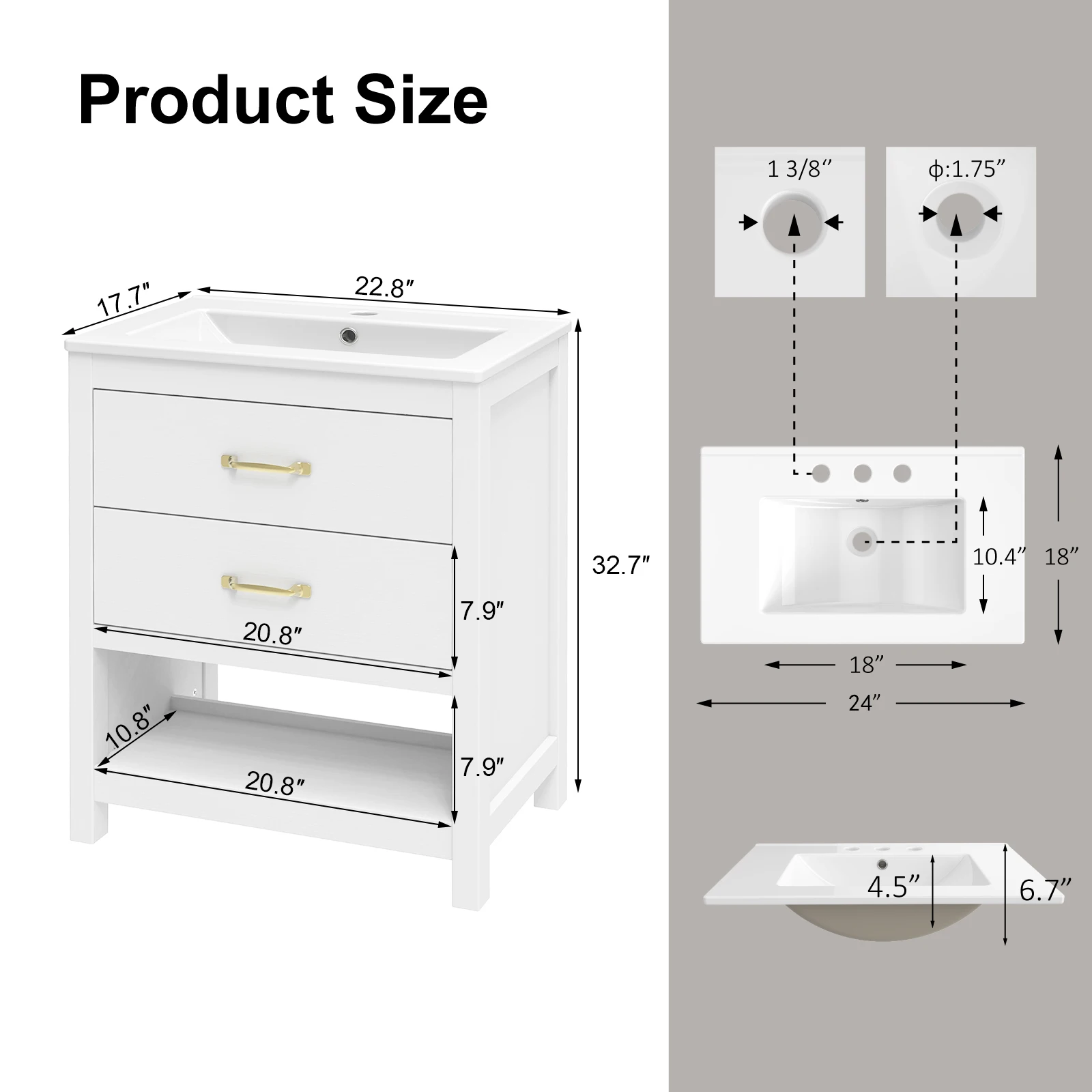 Bathroom Vanity with Sink 24 Inch, Modern Cabinet with LED Light, 2 Soft-Close Drawers, Easy Assembly, White/Black