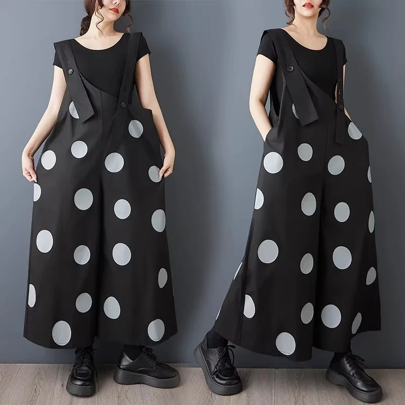 

Дизайнерский ретро-комбинезон: черный комбинезон с широкими штанинами в горошек | Женские модные комбинезоны с принтом | Весенне-летняя повседневная одежда W2077