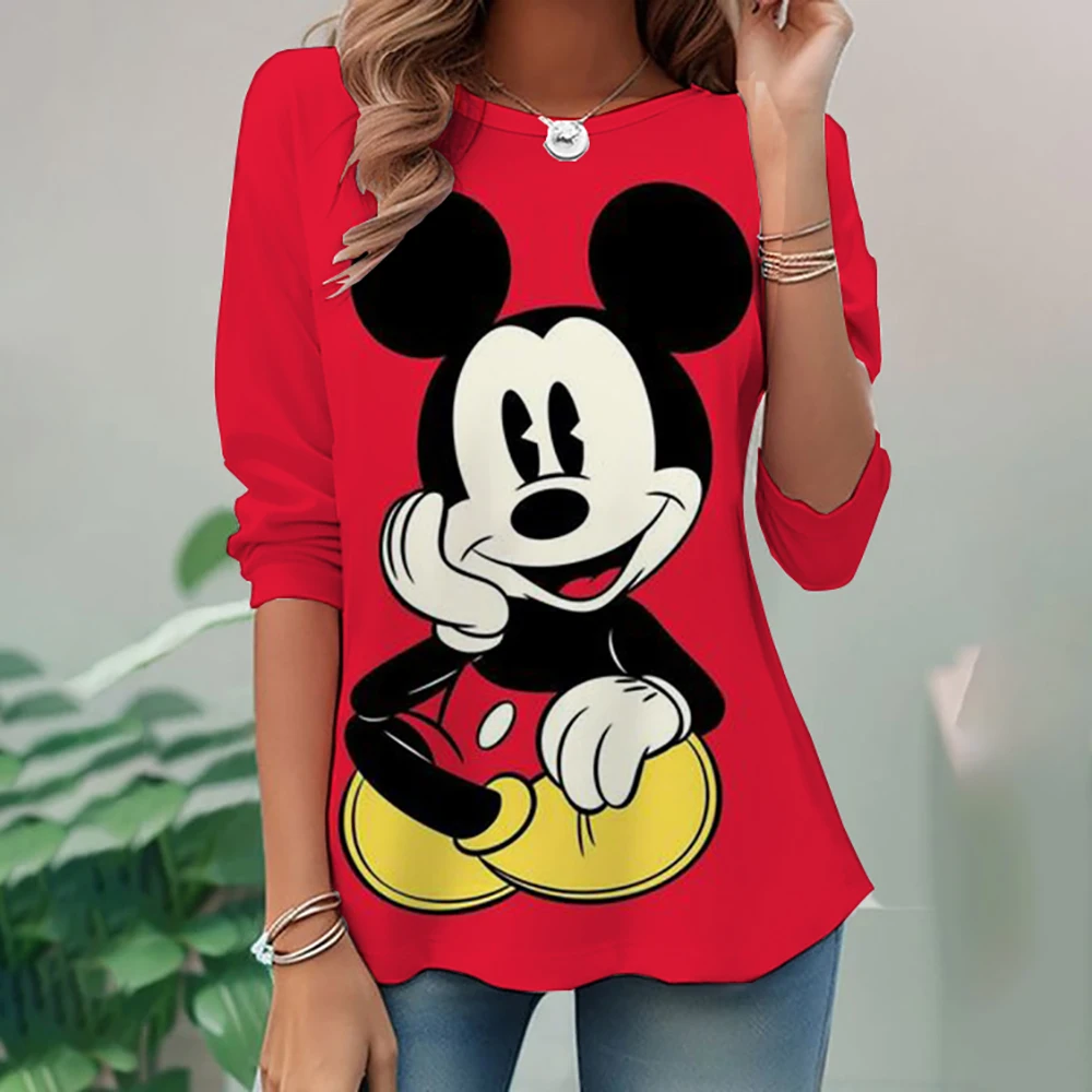 New Large Women\'s Long Sleeve Pocket Round Neck Waist Top T-shirt Disney Mickey Mouse Loose Casual Fashion Loose Women\'s Shirt