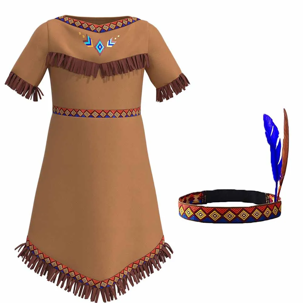 

Halloween Costume American Indian Native Cosplay Africa Girls Headwear Dance Costume Nation Folk Clothing Children's Dress Set