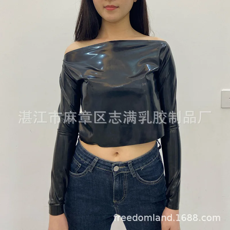 

Fashion Latex Clothing Women's off-Neck Latex Top European and American Catwalk Stage Performance Clothing Rubber Clothing