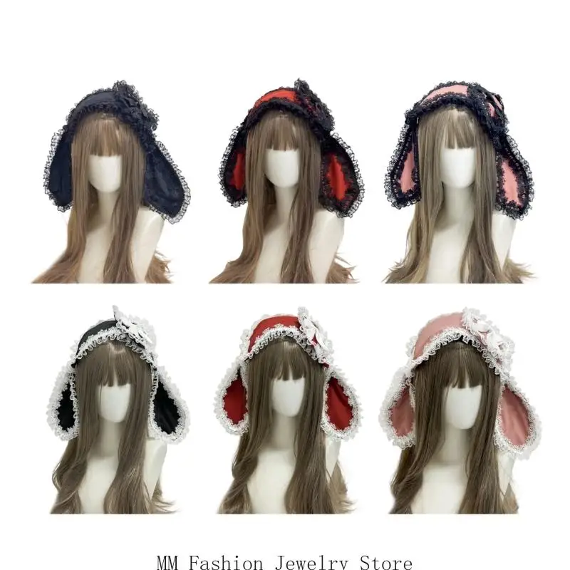 

D0UB Girl Sweet Rabbit Ears Hair Hoop Eye-catching Lacy Headpiece Lace Headwear