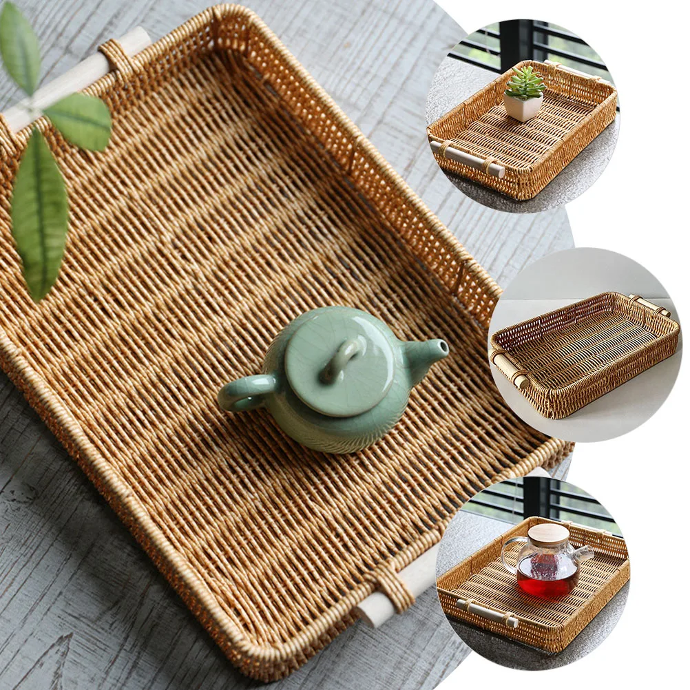 

Fake Rattan Bread Container Woven Plastic Kitchen Utensil Organizer Storage Basket Household Snack Fruit Basket