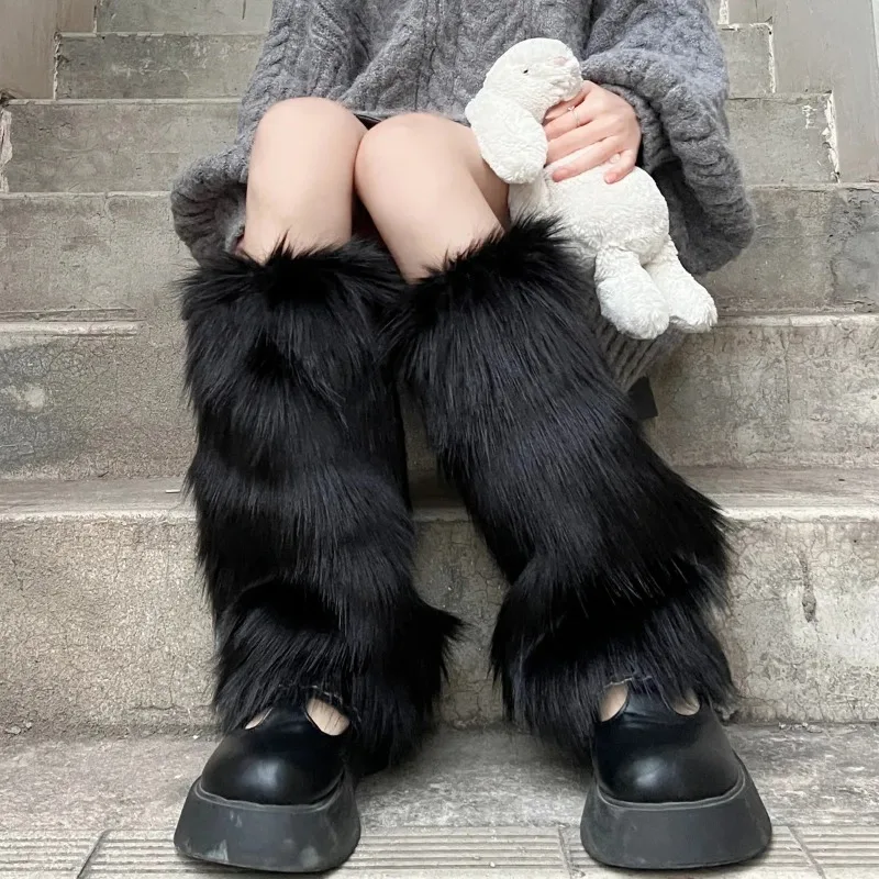 2 pasang Penutup Kaki Bulu Imitasi Hitam Putih Vintage Y2K Penutup Sepatu Lolita Jepang Jk Penghangat Kaki Musim Dingin Fashion Hangat Kaos Kaki Hangat