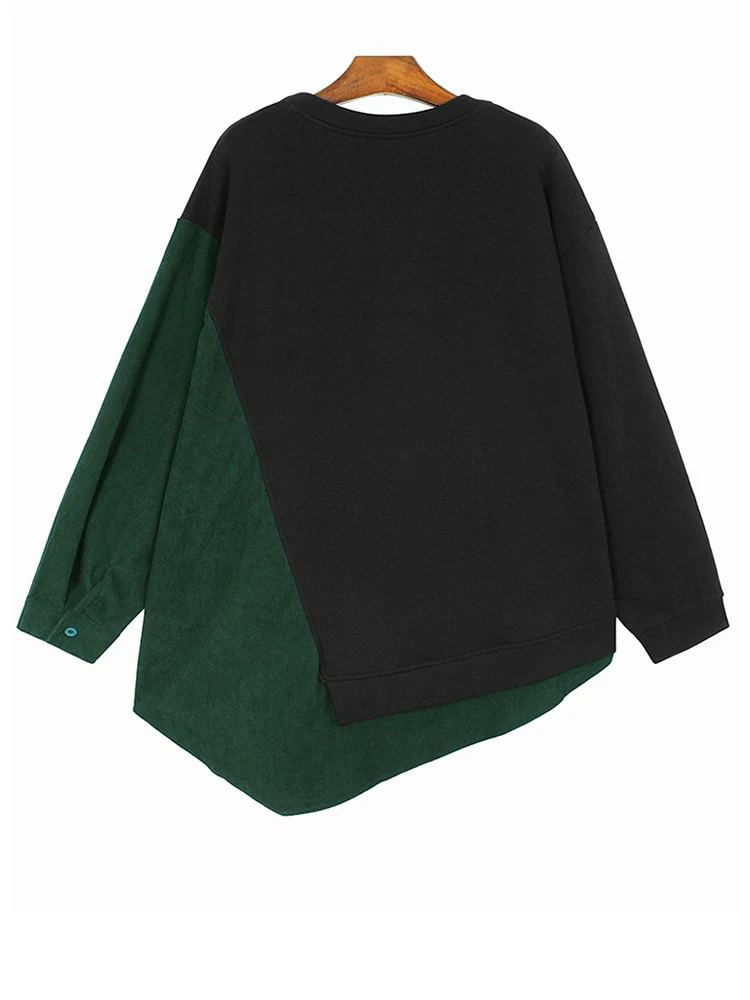 Black Green Color-block Irregular Sweatshirt New Round Neck Long Sleeve Women Big Size Fashion Spring Autumn  X721