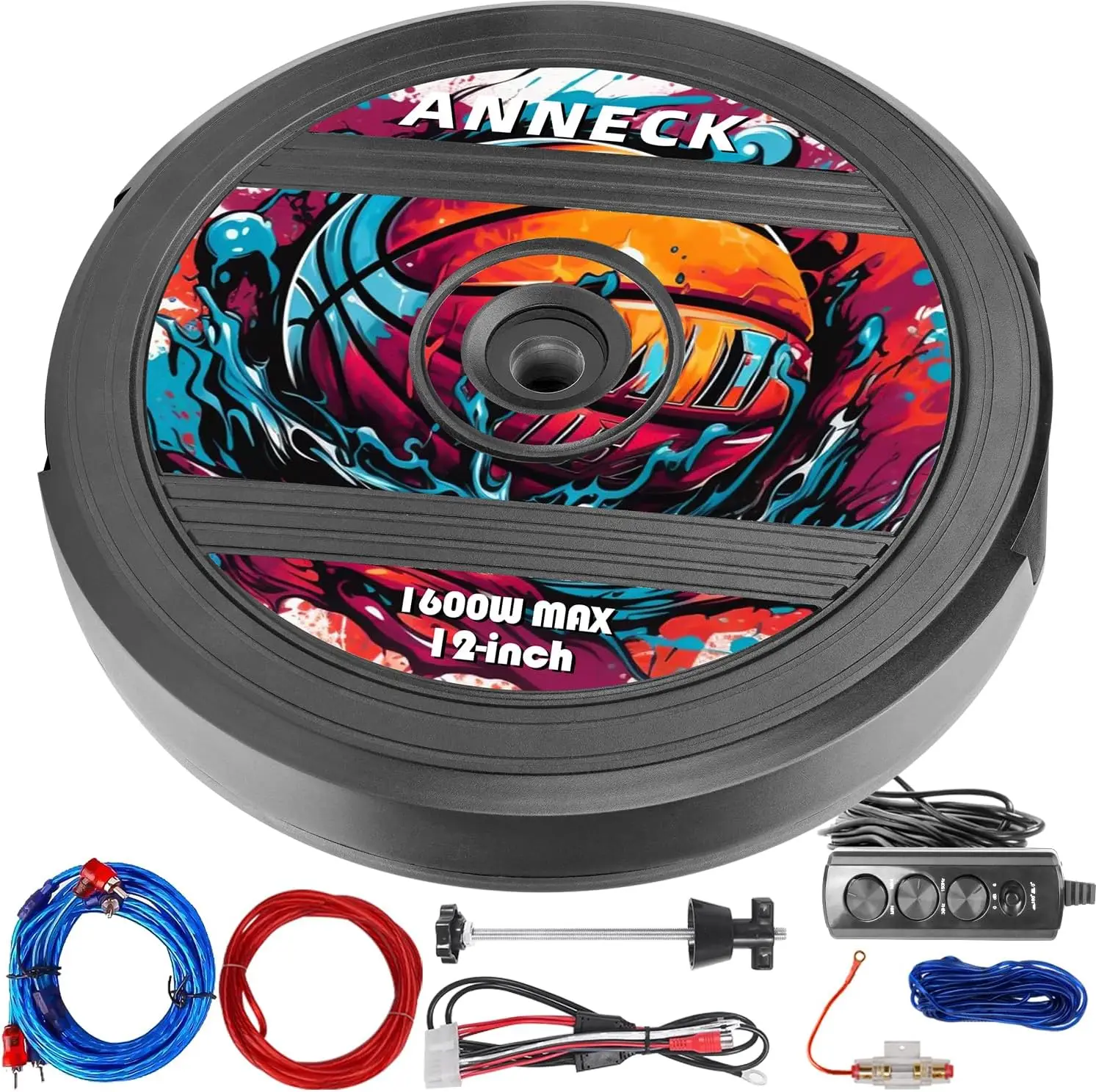 مضخم صوت نشط مقاس 12 بوصة مزود بمكبر صوت وجهاز تحكم عن بعد - نظام صوتي للسيارة بقدرة 1600 وات لذروة الإطارات الاحتياطية