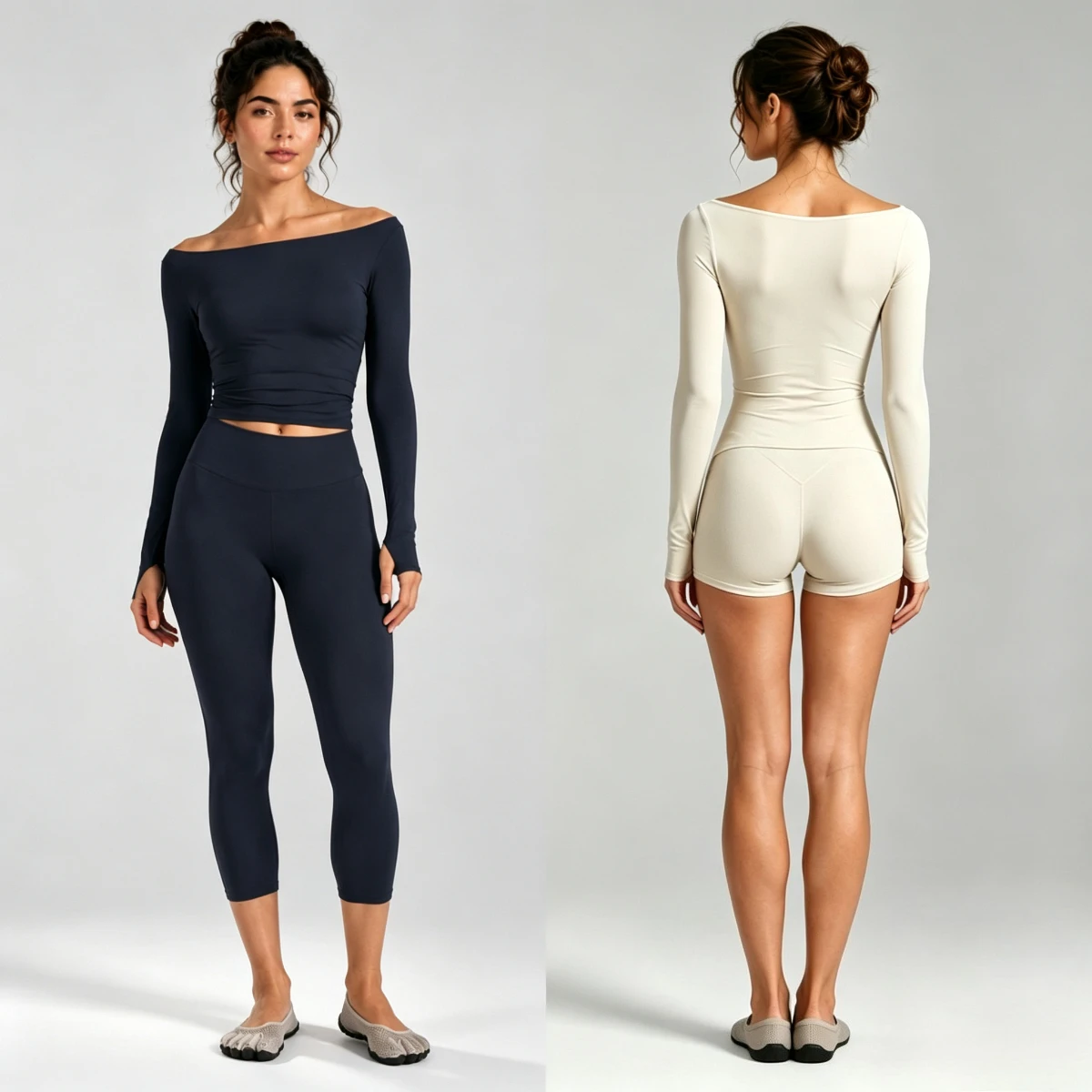 2 Piece Women Off-The-Shoulder Long Sleeve Workout Set Crop Top With Thumb Hole High Waist Capri Leggings Fitness Daily Yoga Set