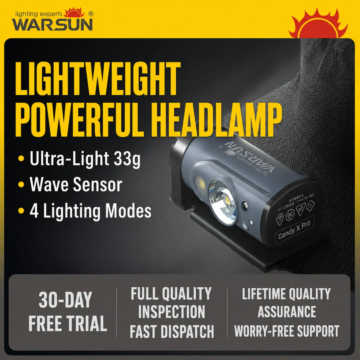 WARSUN Candy X Motion Sensor Fishing Headlamp, Powerful Rechargeable Cap Clip Light with Headband for Night Fishing and Outdoor
