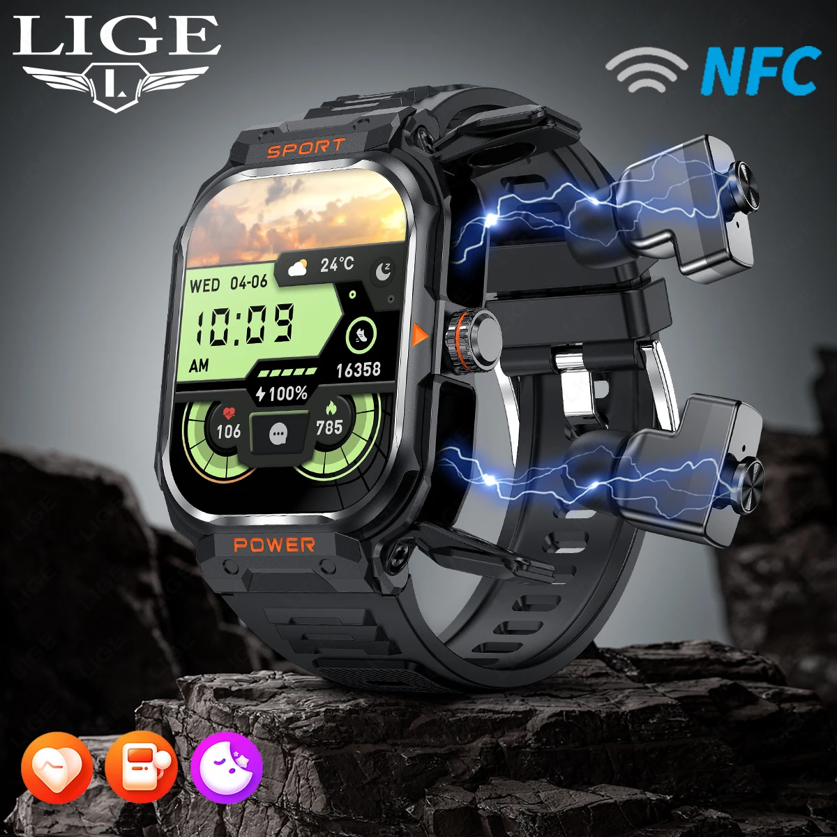 

LIGE TWS Earbuds Smartwatch Men Bluetooth Call Waterproof Watch 2.01-inch Screen NFC Wristwatch Health Smart Watch Sport For Man