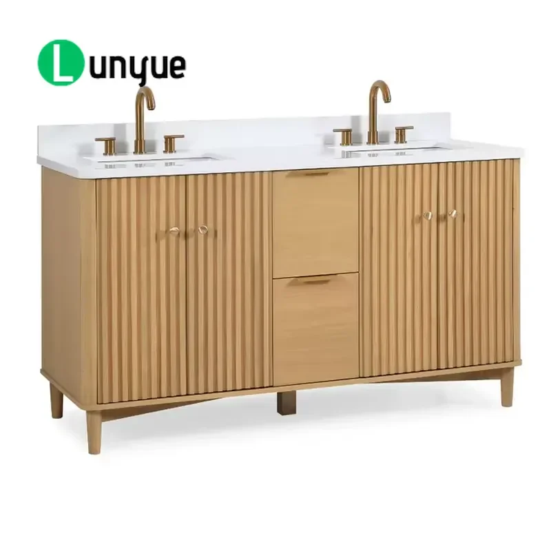Modern Solid Wood Bathroom Vanity Cabinet Floor Standing White Quartz Countertop with Drawers for 48 60 Inch Luxury Home