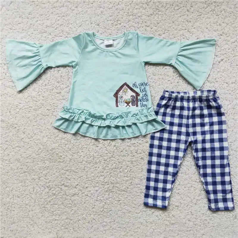 Popular Wholesale Boutique Fashion Christmas Nativity Baby Boys Girls Light Green Long-sleeved Top And Plaid Trousers Suit