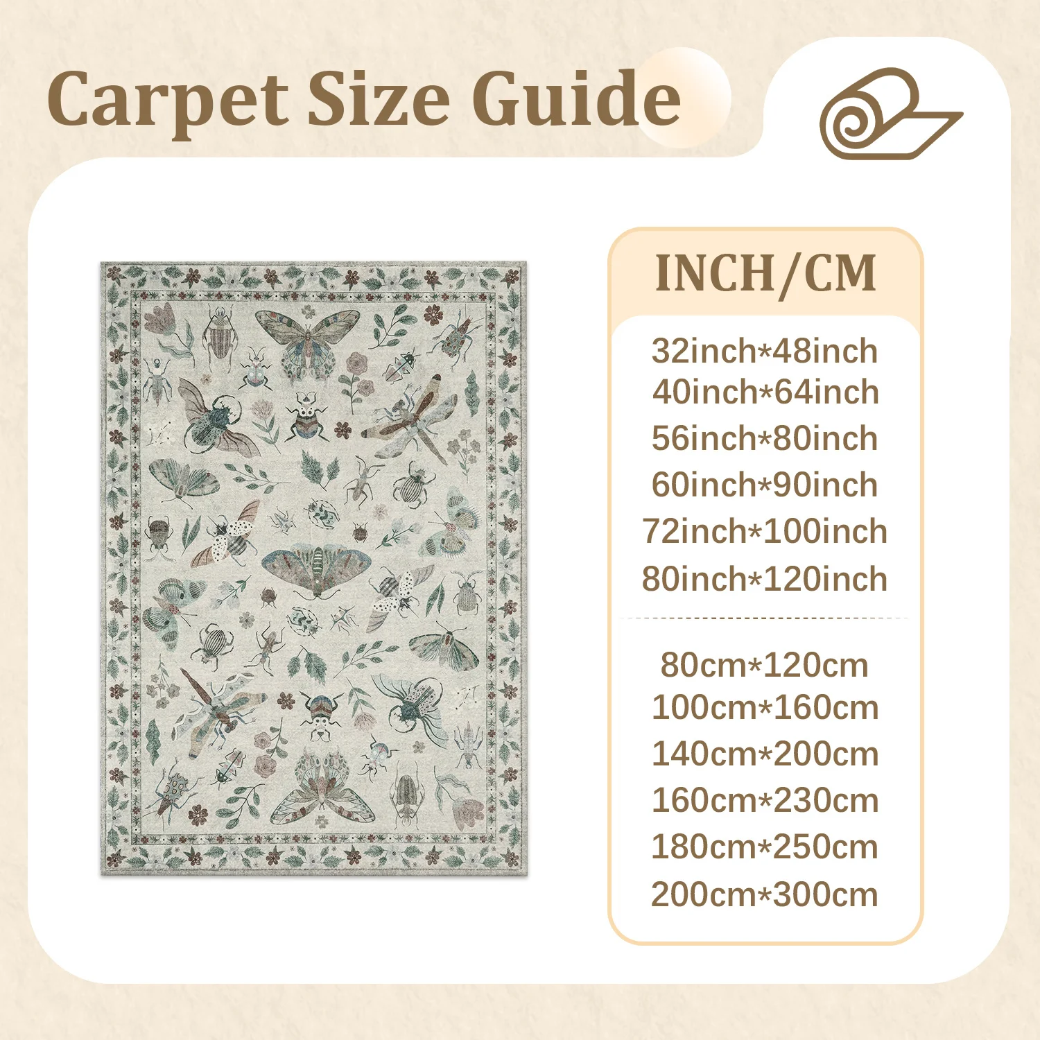 Large Indoor Area Rug, Soft Velvet Low Pile Non-slip Dotted Backing, Machine Washable, Vintage Nature Insect & Butterfly Pattern Muted Cream Rug for Living Room Bedroom