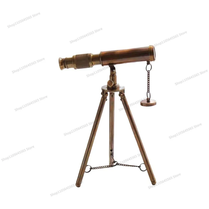 For Retro Brass Solid Wood Tripod Telescope Ornament, Film and Television Props Soft Decoration