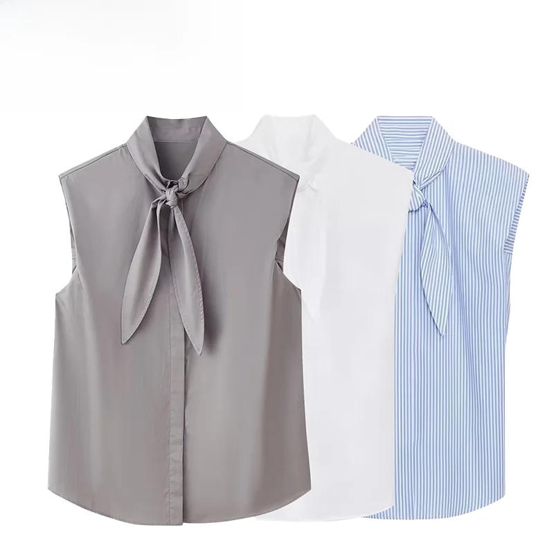 

Fashionable Striped Shirt with Bow Tie Detail by ZR Spring New Arrival Women's Loose Fit Polyester No Sleeve Regular Length
