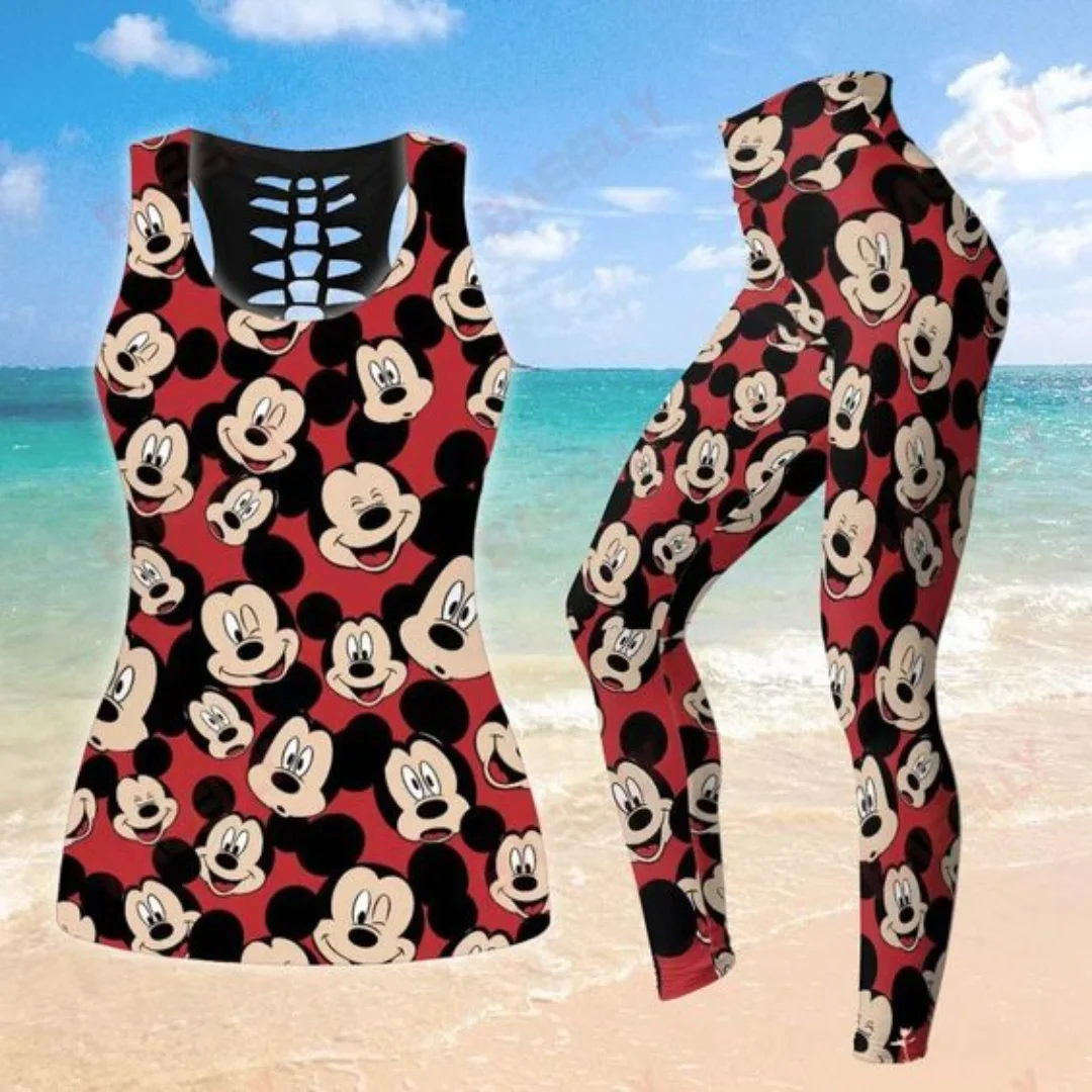 Disney Mickey Mouse Women's Hollow Tanktop Leggings Yoga Set Fitness Leggings Sports Suit Disney Vest Tank Top Legging Yoga Set