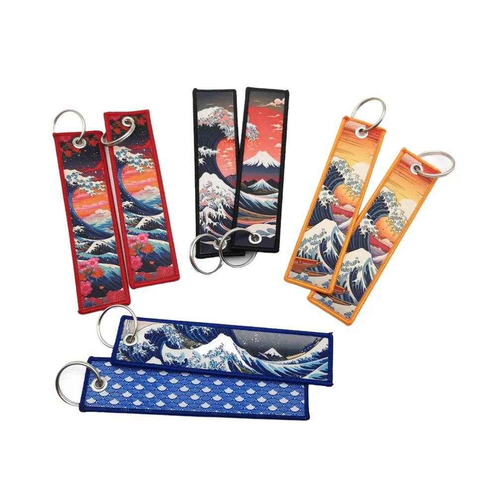 Japanese Waves Art Drawing Embroidery Key Fobs Backpack Key Tags Motorcycles Keychain Keyrings Cosplay Accessories Gift