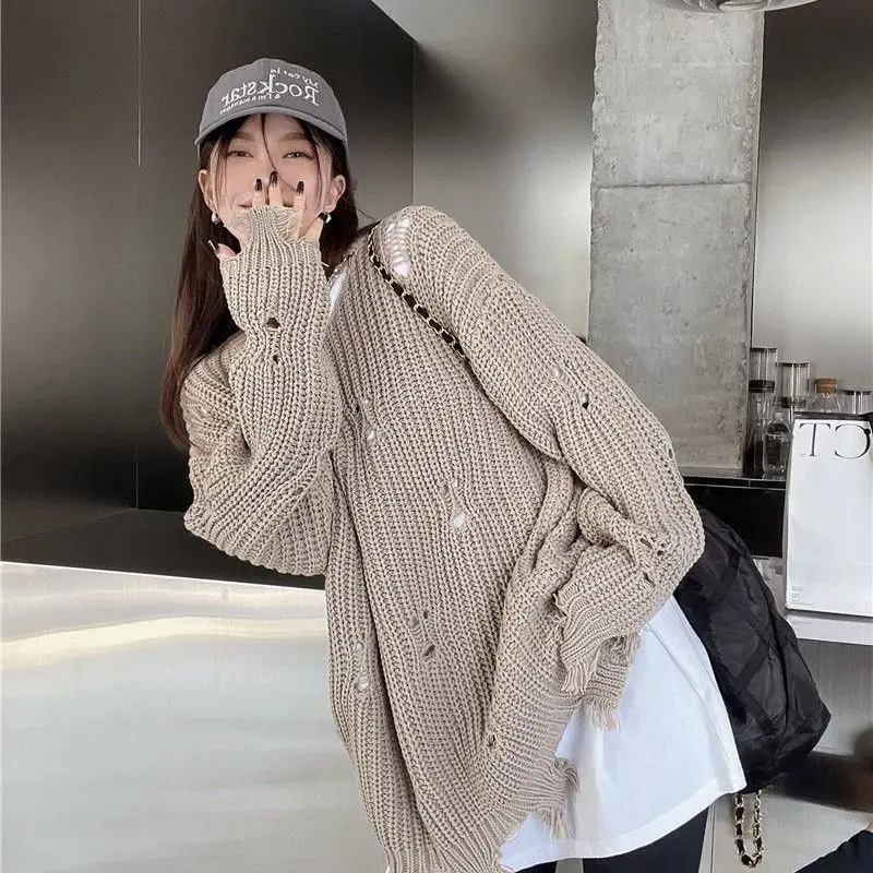 Hole Loose Lazy Style Pullovers Top Autumn Winter New Long Sleeve Solid Hollow Out Casual Sweaters Fashion Trend Women Clothing