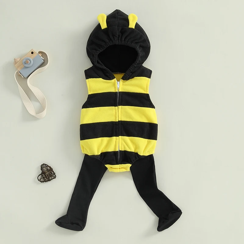 Costume da ape senza maniche a righe pagliaccetto con cappuccio calzini lunghi Set Costume da neonato vestito neonato