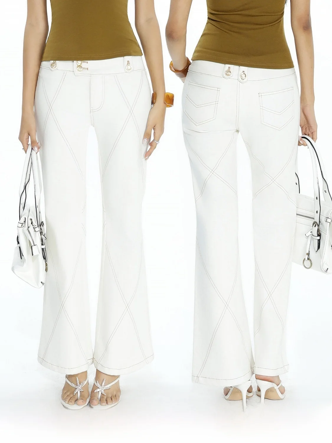 

Джинсы Audwyn White с завышенной талией, облегающие, с золотыми пуговицами, эластичные, повседневные, расклешенные, из смесового хлопка, женские, модные, весенний сезон