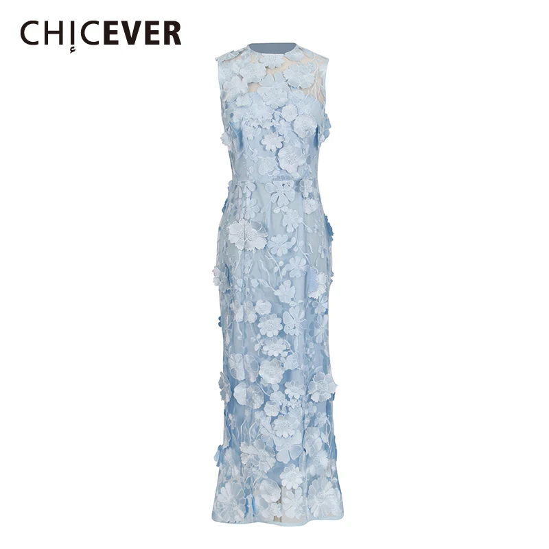 

CHICEVER Solid Elegant Spliced Appliques Dresses for Women Round Neck Sleeveless High Waist Sheer Temperament Dress Female New