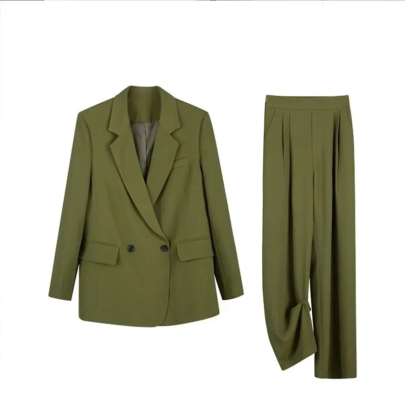 Lnsozkdg 2024 Spring Autumn Pants Sets Women Green Color Loose Office Lady Blazer + Wide Leg Pants Two Piece Set Suits Hot Sale