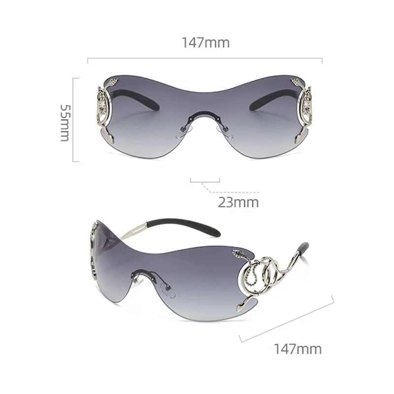 Y2K Rimless Luxury Brand Designer Sunglasses Women For Men One Piece Trendy Oversized Sun Glasses Metal Snake Pink Punk Shades