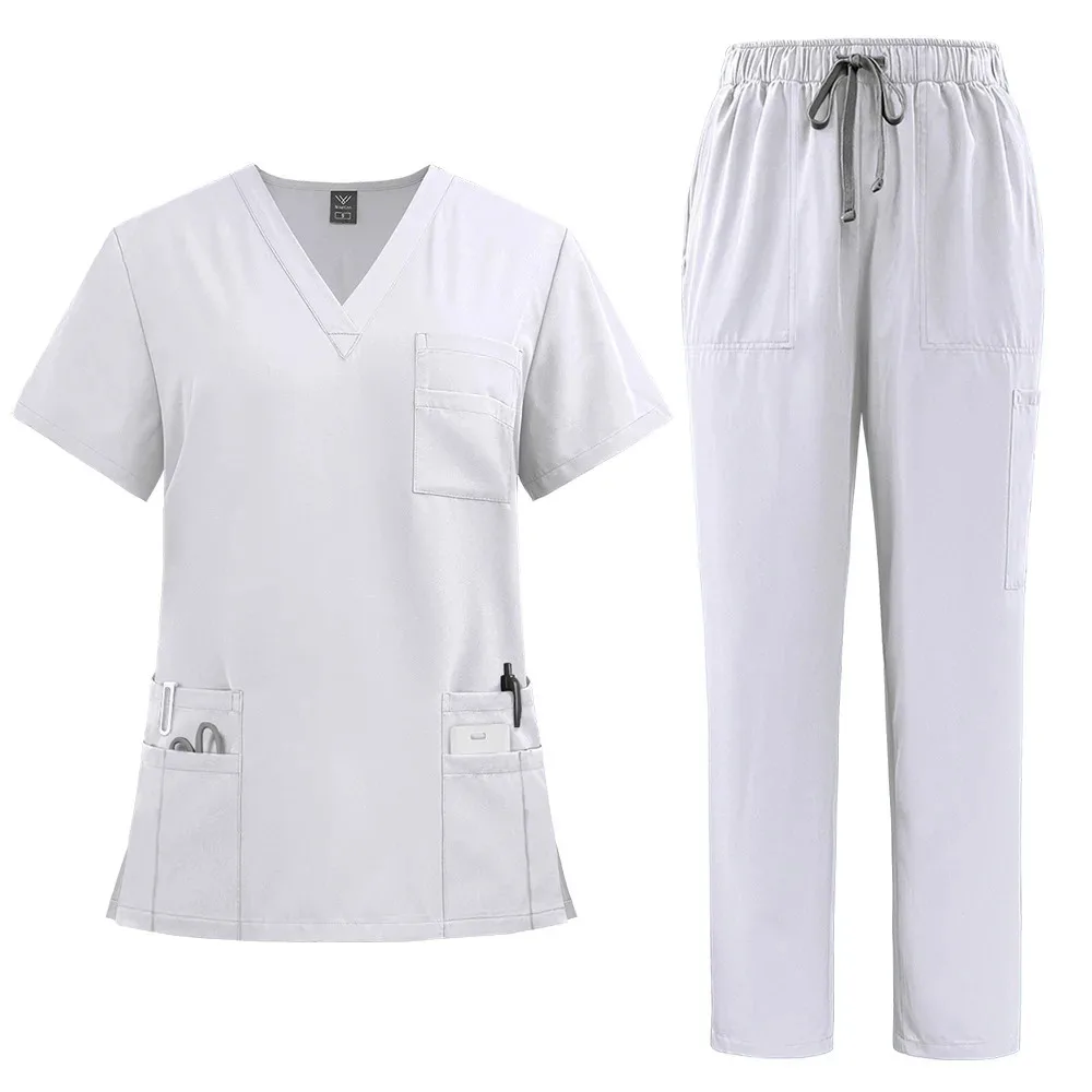 Uniformes médicos ajustados para mujer, conjuntos de Tops, Pantalones rectos, accesorios para enfermeras, clínica Dental, salón de belleza, ropa de trabajo