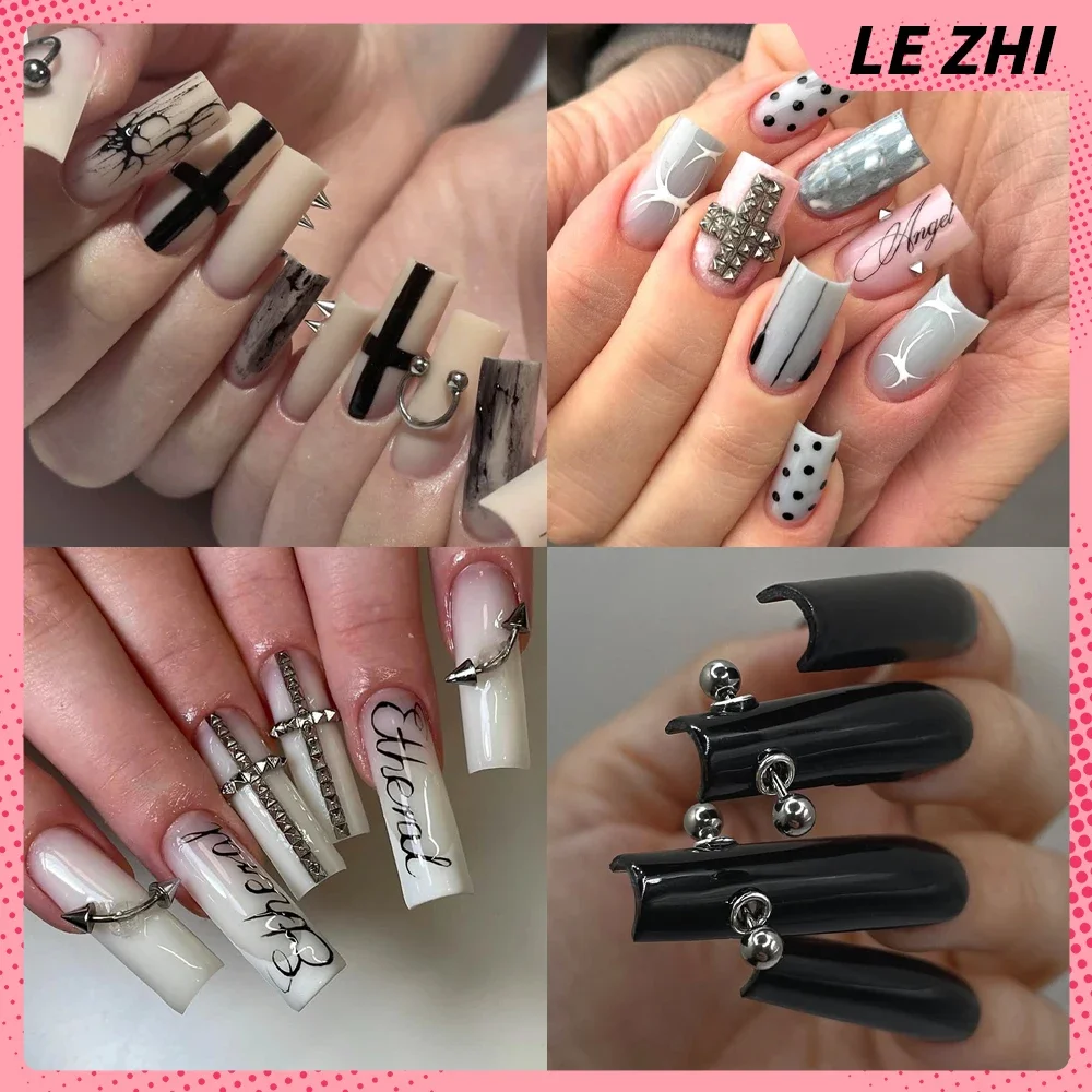 Y2K Spice Girls 10Pcs Handmade Gothic Punk Press On Nails Art Square Nude Color Metal Letter Design False Nails Customized Gifts