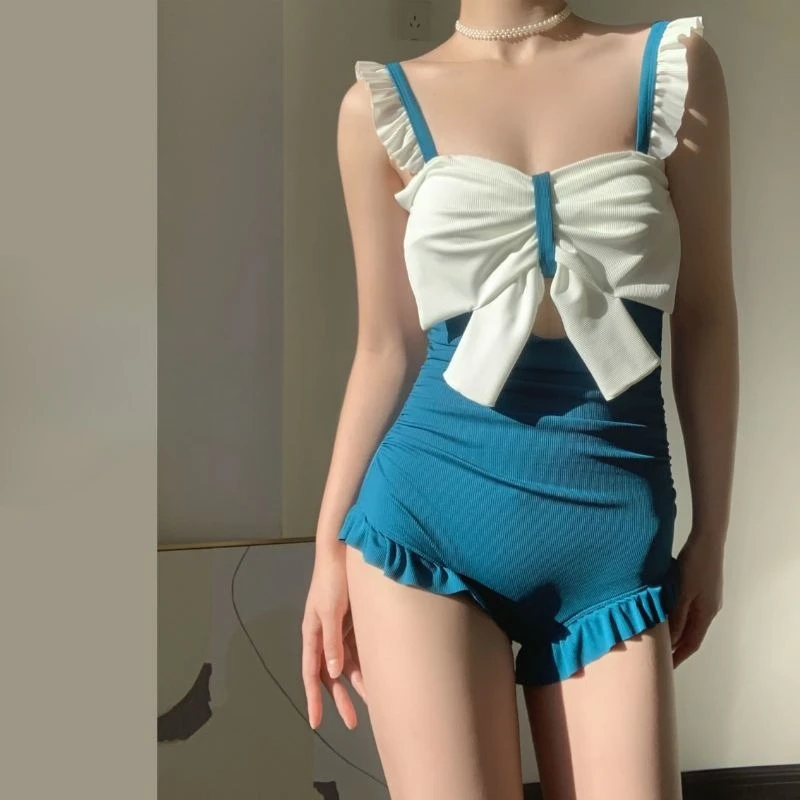 Cute Bowknot Detail Swimwear Ladies Elegant Backless One Piece Swimsuit Soft Pastel Color Swim Costume for Water Activities