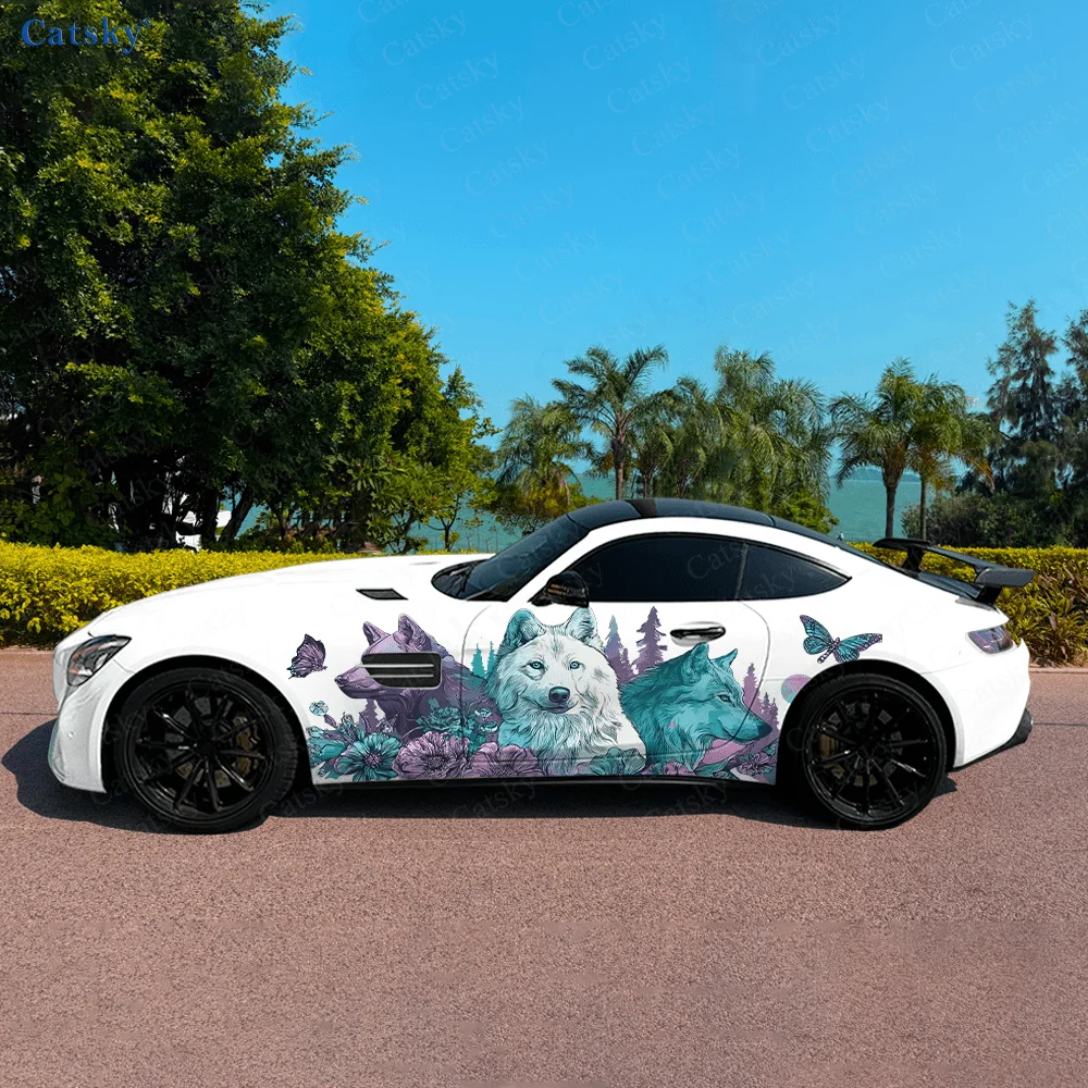 

Wolves in Flowers Car Side Sticker Decoration, PVC Waterproof Scratch Resistant Decal, Car Protection, Auto Accessories Gift