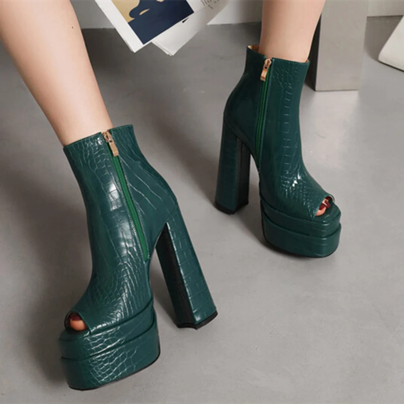 2022 Spring Comfortable Stone Print Shoes Booty Chunky High Heel Platform Peep Toe Ankle Boots Sandal Slide Zip Big Size 43