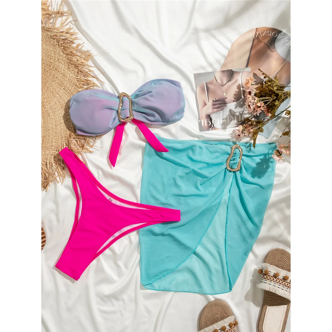 Sexy Bandeau-Bikini mit Rock, Damen-Badeanzug, dreiteiliges Bikini-Set, Badebekleidung, Badeanzug, Modell V5640 – Detail 15