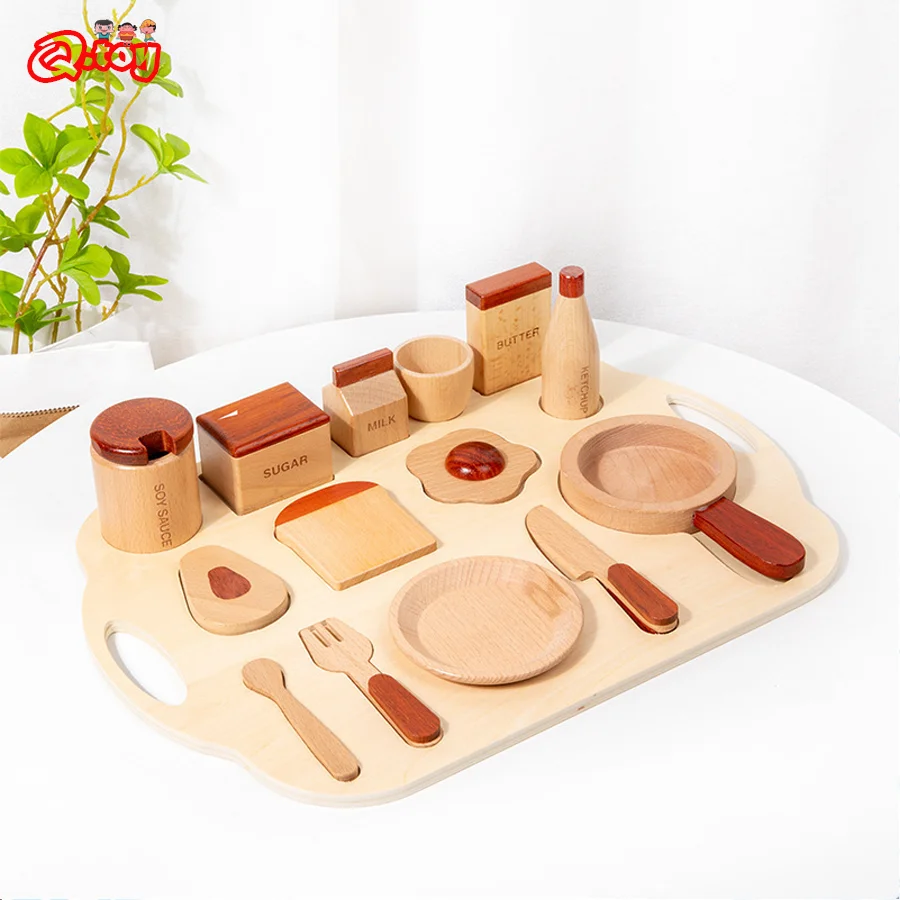 Wooden Kitchen Toys Children Food Pretend Play Breakfast Milk Tray Set Natural Wood Color Simulation Kids Educational Montessori