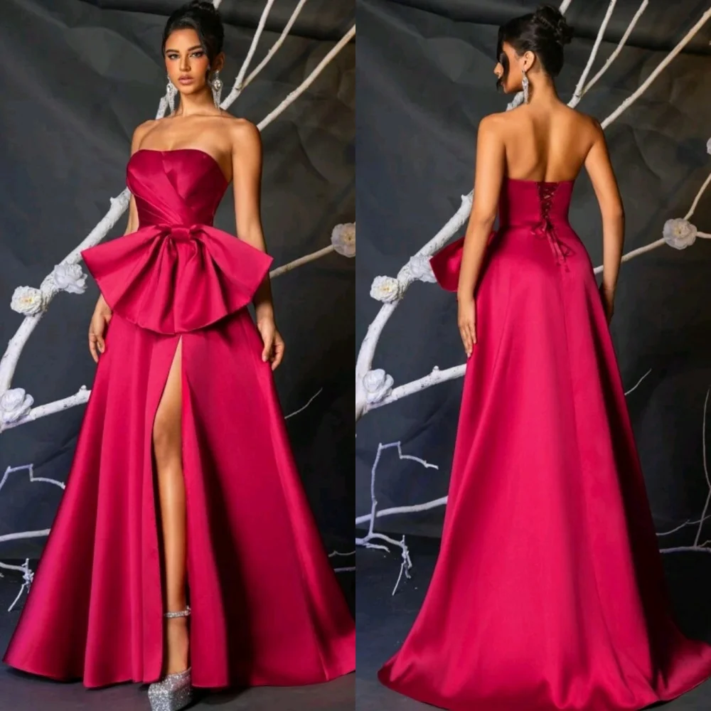 

Customized Matching Simple Pleat Bow A-line Strapless Long Dresses Bespoke Occasion Dresses High Quality Sizes Available Classic