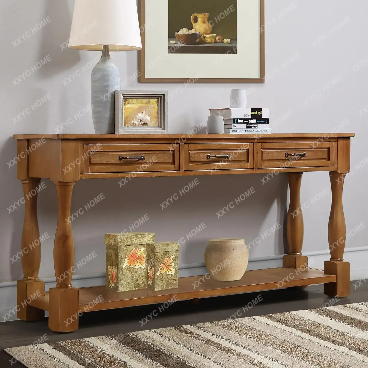 YYLong Antique Entry Console Table with 3 Drawers & Bottom Open Shelf, Solid Wood Sofa Table for Entryway HallwayY