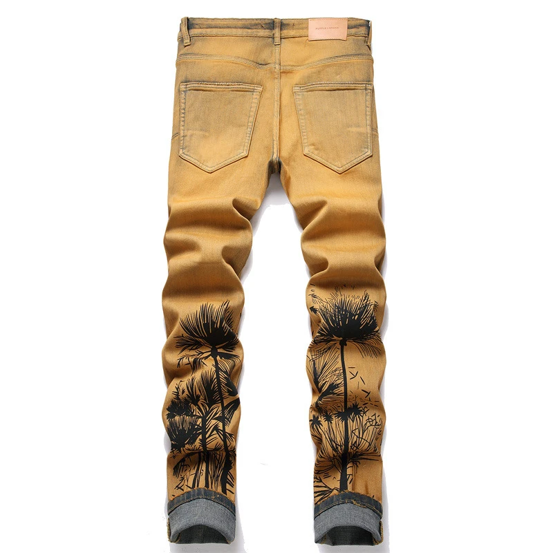 New Vintage Color Fashion Printed Jeans Mid-Waist Street Slim Stretch Pants Men\'s Casual Pants