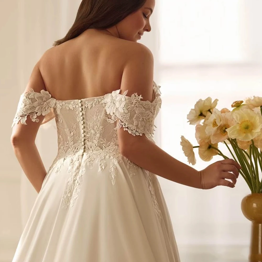 Aangepaste romantische chiffon bruidjurk off-shoulder applicaties bruidsjurken lieverd backless plus size vestido bruidsjurk
