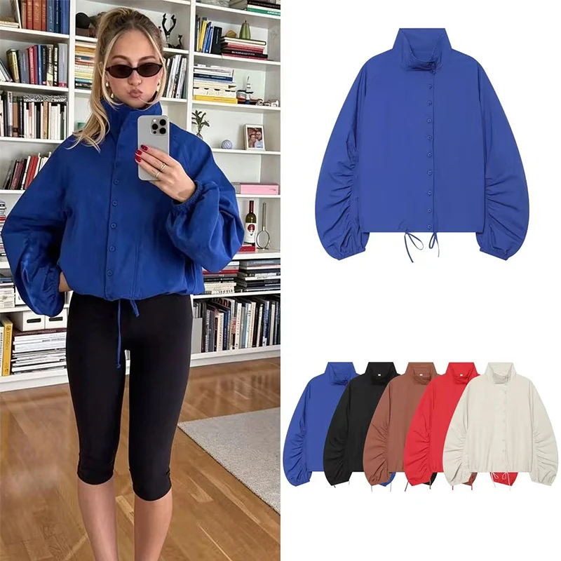 Guobioziy 2026 Autumn Women's Klein Blue Short Jacket Stand Collar Single-Breasted Pleated Cuffs Loose-Fitting Casual Coat