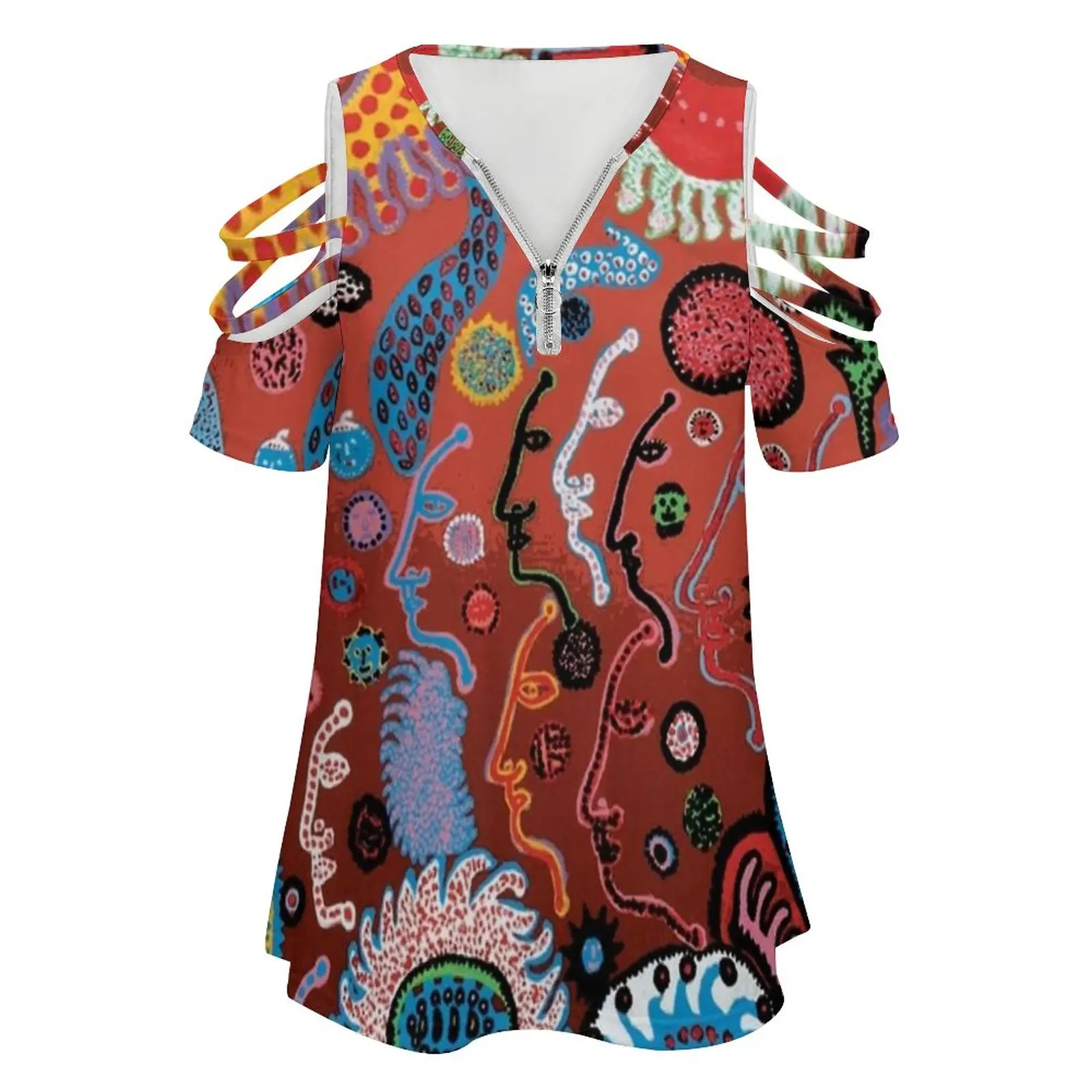 Yayoi Kusama Fungus Women's T-Shirt Summer Fashion Print Floral V-Neck Zipper Tshirt Hollow Pullover Ladies Top Yayoi Kusama