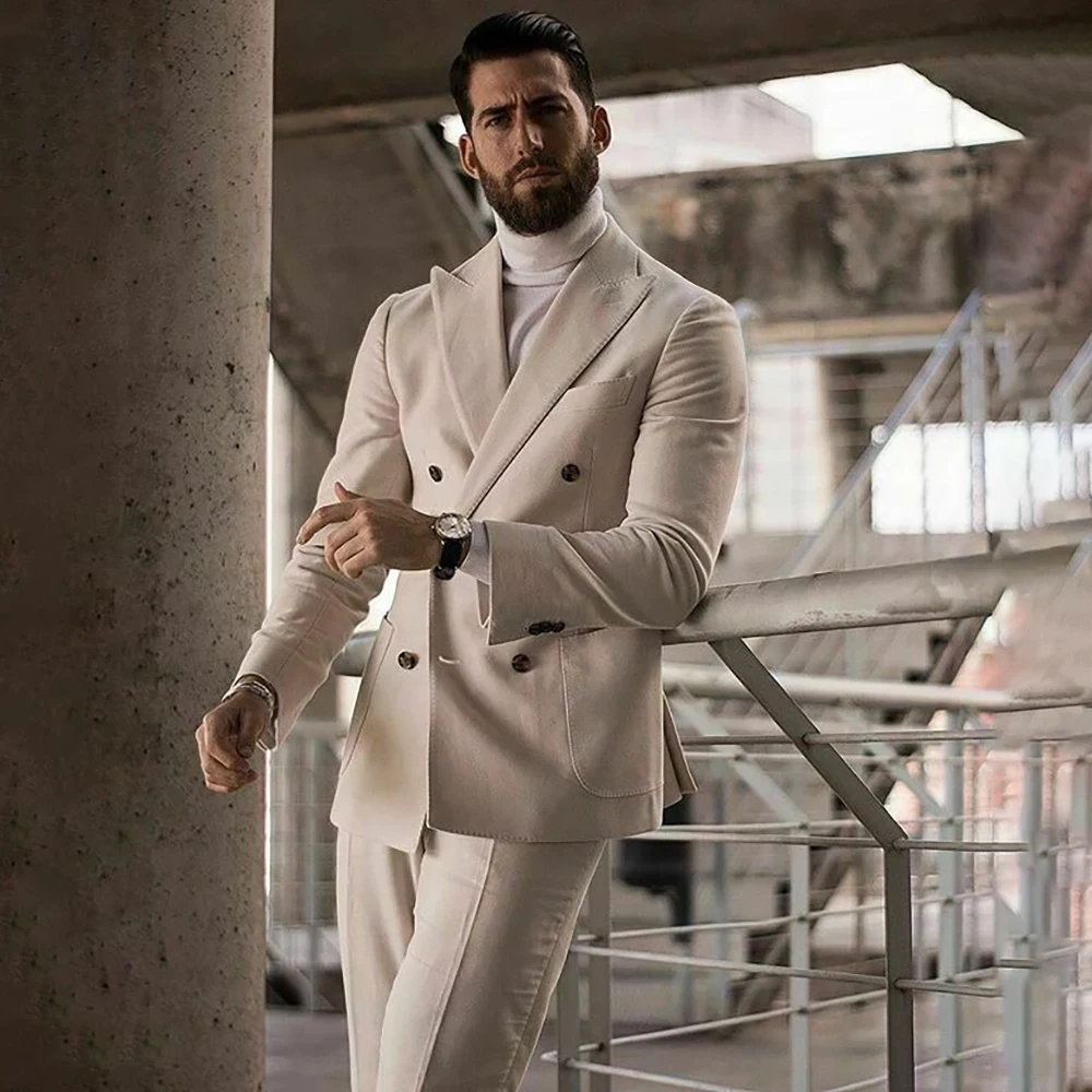 

Solid Color Men's Suits Customzied Double Breasted Peak Lapel Slim Fit Blazer High Quality 2 Piece Jacket Pants Outfits Terno