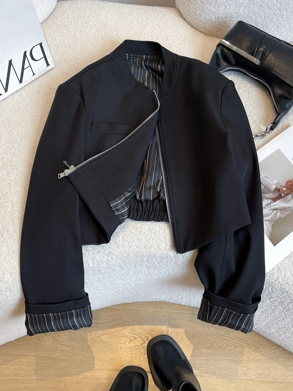 

Ретро-куртка с цветными полосками и воротником-стойкой, женская, весенне-осенняя, модная, универсальная, в стиле бейсбольной куртки