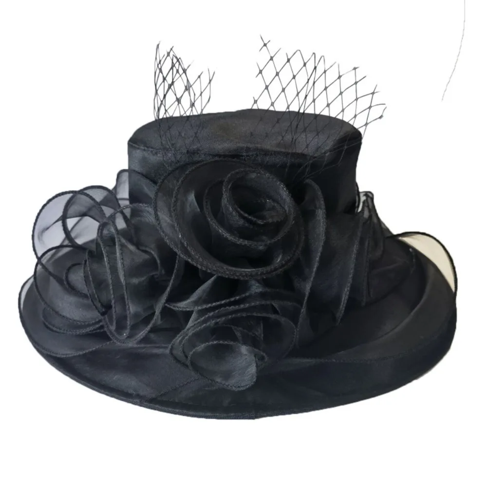 Elegant Organza Sunhats Flower Mesh Wide Brim Wedding Hat Sunscreen Ruffles French Vintage Hat