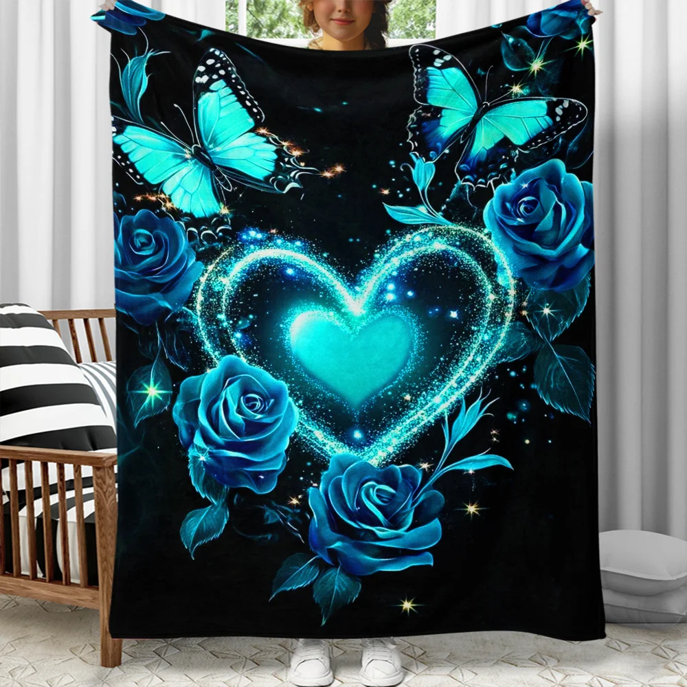 

Синие розы, бабочки, светящееся сердце, романтический дизайн, фланелевое одеяло, мягкое покрывало, подарок для любви, декор на день Святого Валентина, домашнее искусство