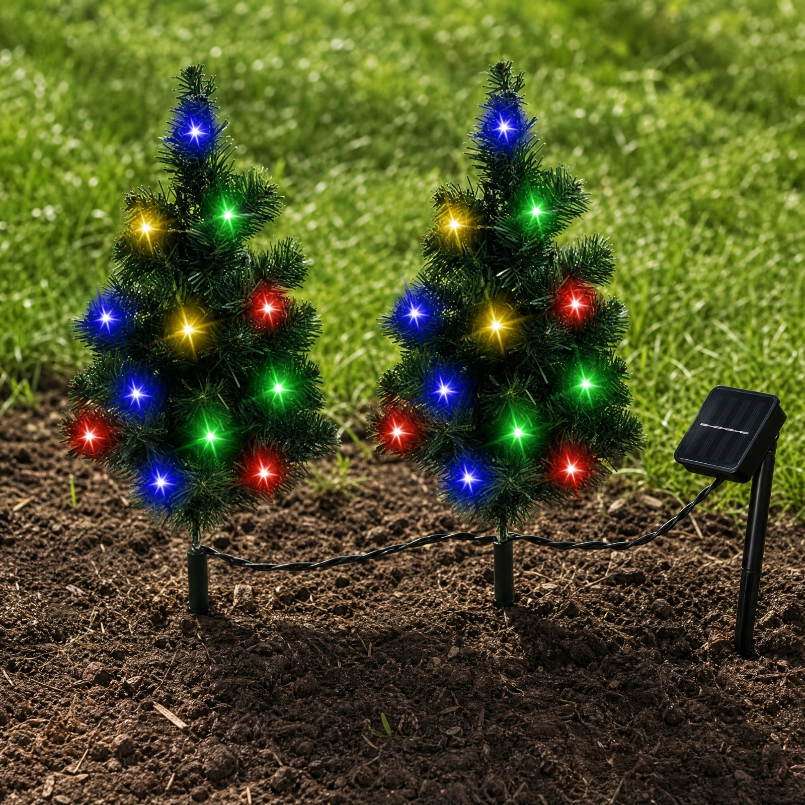 2 Pieces Solar-Powered LED Christmas Tree Light Colorful Solar Christmas Tree Stake Light Cordless Sturdy for Lawn Decoration